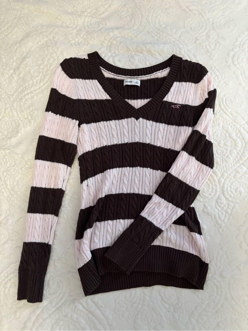 Hollister Brown & Light Pink Striped V-Neck Cable Knit Sweater